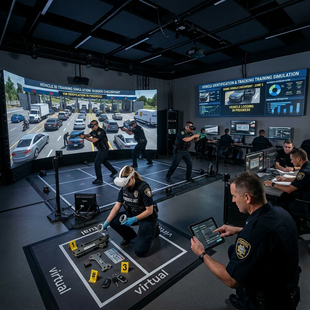 Police officers using virtual reality and tablets for forensic training and tactical simulation